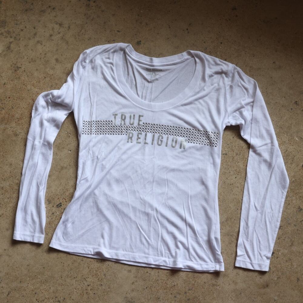 True Religion Rhinestone Logo Long Sleeve Tee L